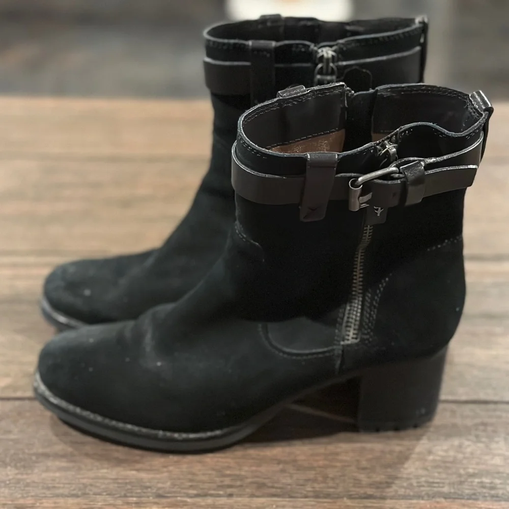 Trask‎ Women's Madison Boot Black Leather Block Heel Lug Sole Buckle Zip Sz 7.5